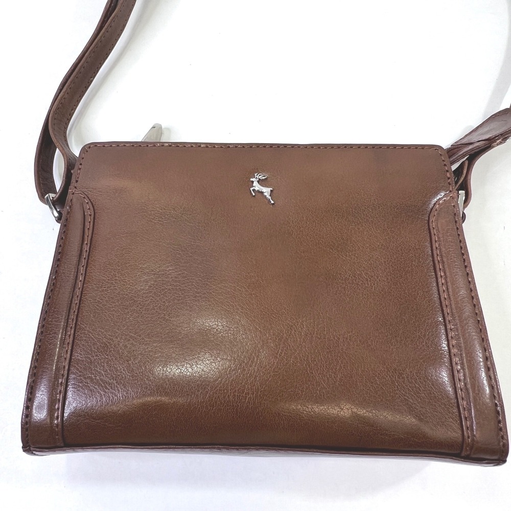 Ashwood Brown Genuine Leather Crossbody Bag Silver Stag Emblem Adjustable Strap